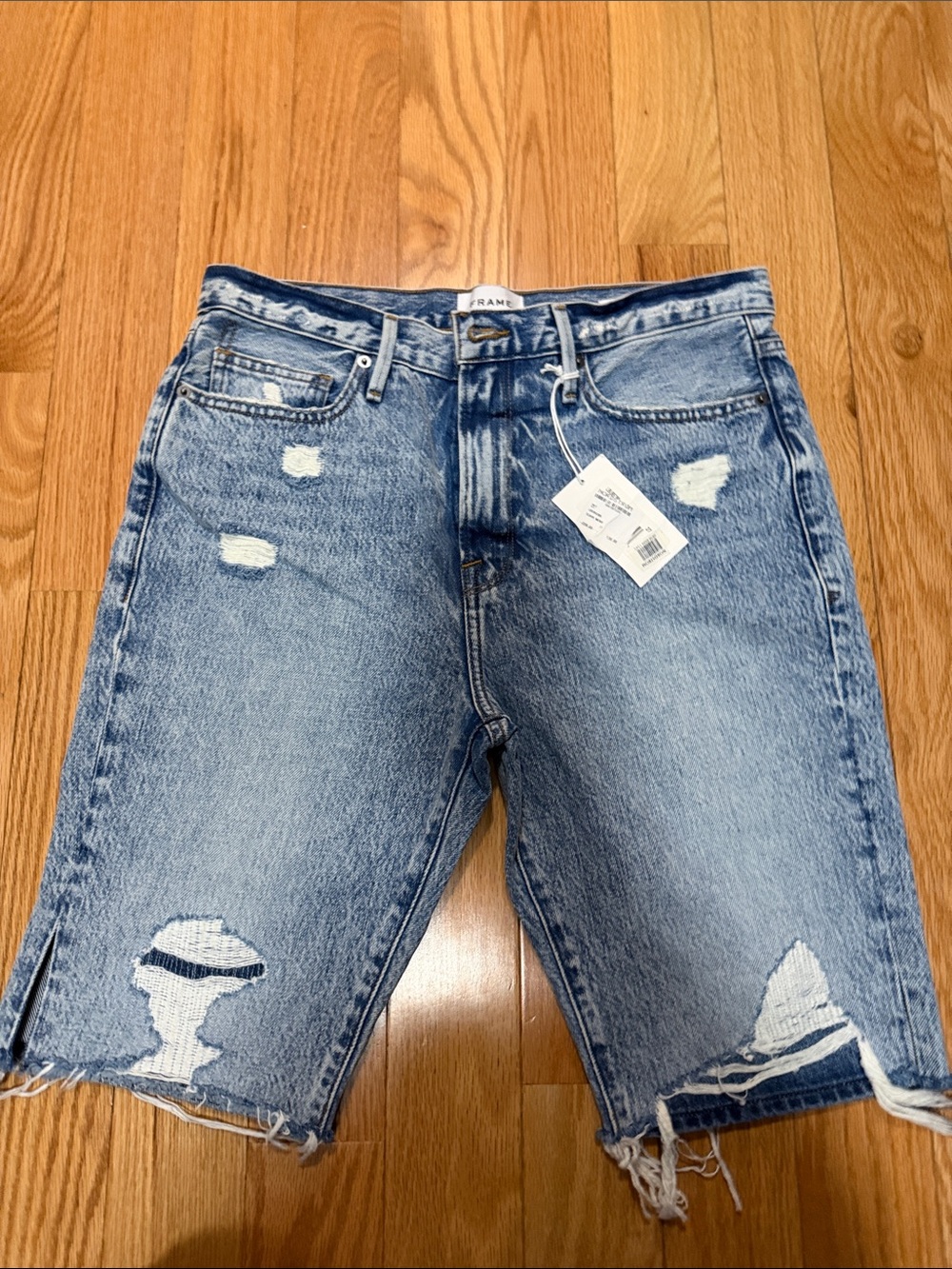 Frame Denim Distressed Light Blue Denim Bermuda Shorts